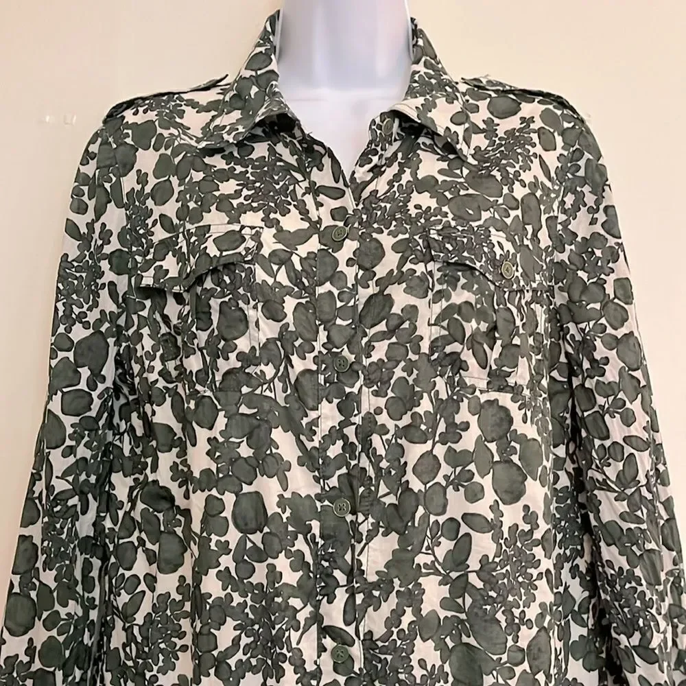 Tory Burch Green and White Floral Midi Shirt Dress size 12 - missing belt